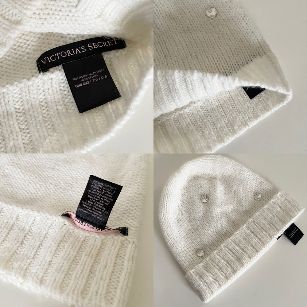 Victoria’s Secret Crystal Rhinestone Off White Knit Beanie Hat, One Size - Picture 8 of 13